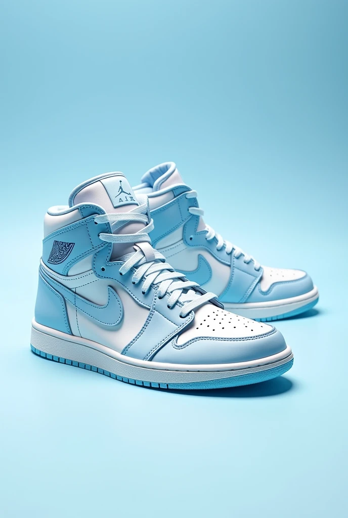 A close-up of a pair of blue and white sneakers, "Air Jordan 1, Air Jordan 1 High, Off uniform - white sky, photo of sneakers, light blue skin, light blue, glacial, light blue, blue sky, focus only on sneakers, color blue, Hyper realistic", Hyper realistic ", fan favorite, pastel blue, 🕹️ 😎 🔫 🤖 🚬