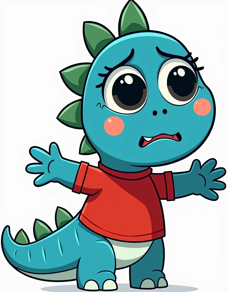 An illustration for children of a dinosaur, with the appearance of an , Very angry face, Very angry, no eyelashes, with red shirt, trouserless, blue skin, green dinosaur crests on the head and tail, cute cartoon smile, full body, with an appearance of tenderness, White background