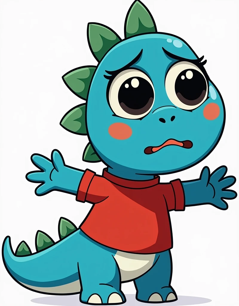 An illustration for children of a dinosaur, with the appearance of an , Very angry face, Very angry, no eyelashes, with red shirt, trouserless, blue skin, green dinosaur crests on the head and tail, cute cartoon smile, full body, with an appearance of tenderness, White background