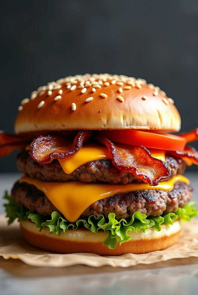 burger with sesame seed bun, bacon, cheedar, carne, lettuce and tomato