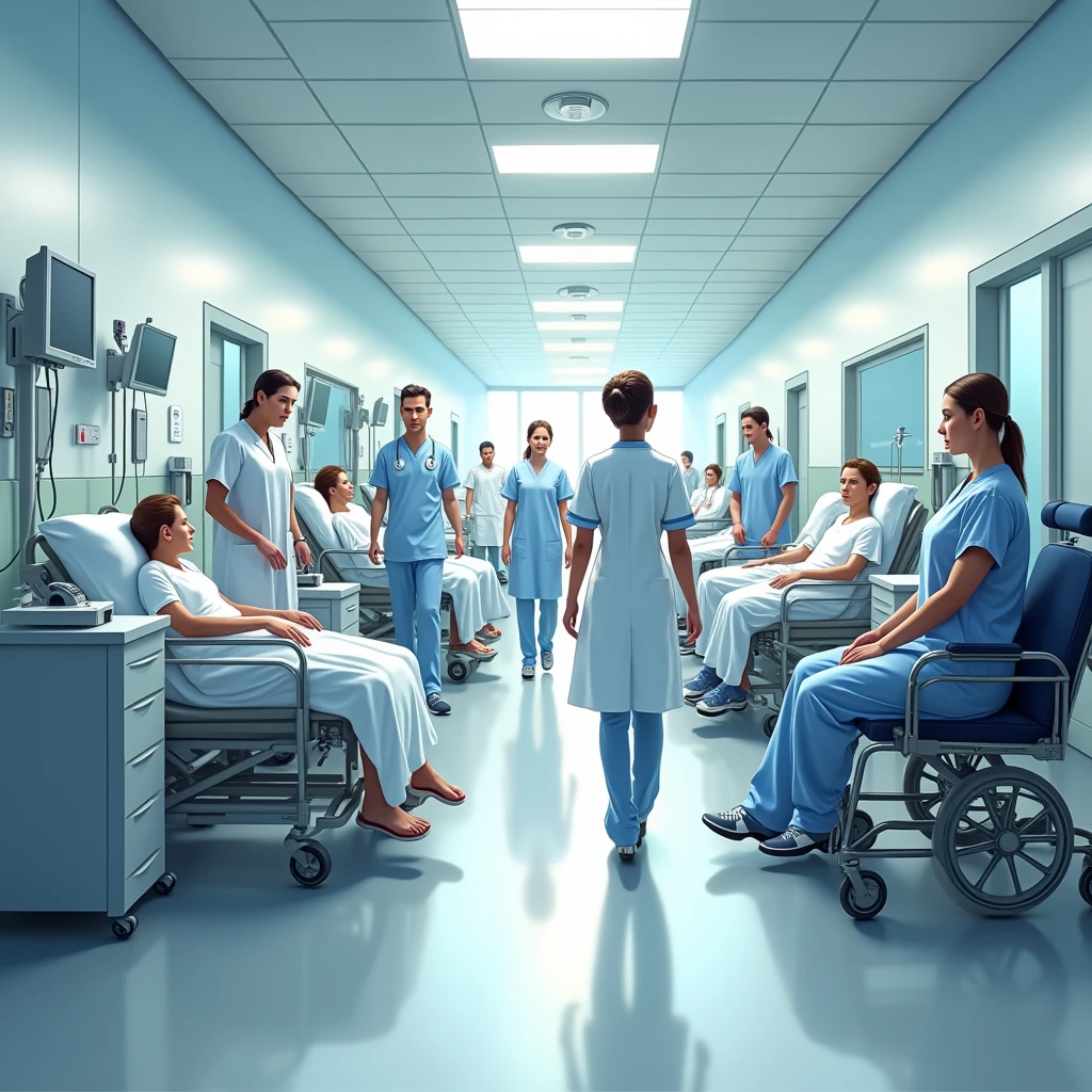 Illustrate a realistic hospital scene with healthcare workers—nurses, doctors, and support staff—collaborating in a busy hallway. The lighting is bright but slightly clinical, with medical equipment, patients, and the determined expressions of workers as they focus on providing care."