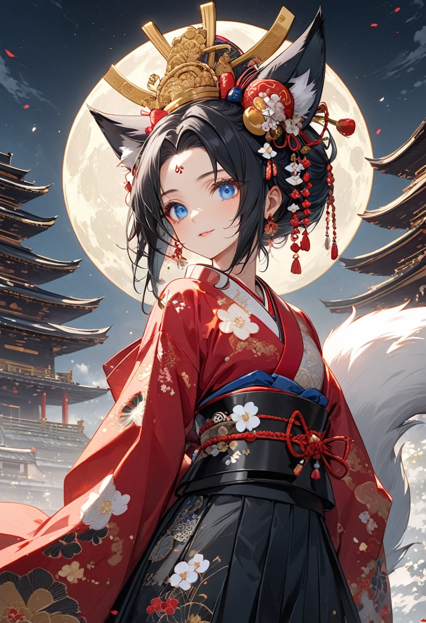Ink painting, (((1 girl))), (((Tattoo in the middle of the forehead))),(((In the background is the Akatsuki moon))), (((Oiran))), (((Great hair accessories))), Demon possession, ((Masterpiece:1.2)), ((Highest quality)), Extremely detailed and delicate illustration style, Detailed leather texture, Detailed canvas texture, Very detailed description, (Masterpiece T), Extremely beautiful illustration, Highly detailed face, Raw image, professional, Ultra-high resolution panel, Complex details, Superior detail, Intricate decoration details, Perfect anatomy, real, (Very beautiful and cute black and white colored fox woman or girl with blue eyes wearing kimono), ((آذان الثعلب  black hair, White hair, multicolor, the beautiful)), (Beautiful black and white colored fox tail), (black hair, White evil, Beautiful and shiny), (Beautiful and clear blue eyes), (Beautiful detailed eyes:1.6), (Traditional black and white detailed costume), Front view, White flower kimono, Black white colorful hakama long skirt, A maxi skirt, Modestly dressed, He smiles, ((Standing and looking at me)), ((The day)), (Extremely detailed and beautiful Japanese temple construction), (8K Highest quality wallpaper), (Extremely detailed and delicate background)
