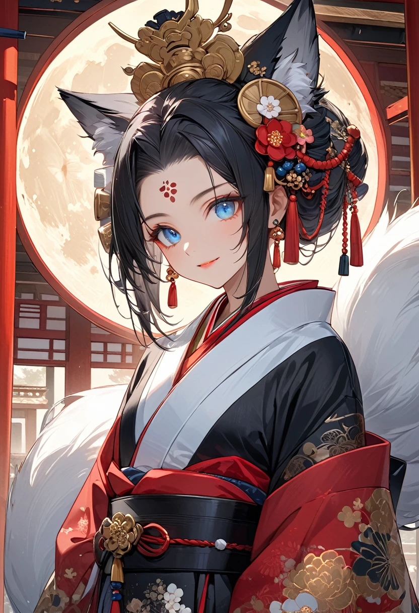 Ink painting, (((1 girl))), (((Tattoo in the middle of the forehead))),(((In the background is the Akatsuki moon))), (((Oiran))), (((Great hair accessories))), Demon possession, ((Masterpiece:1.2)), ((Highest quality)), Extremely detailed and delicate illustration style, Detailed leather texture, Detailed canvas texture, Very detailed description, (Masterpiece T), Extremely beautiful illustration, Highly detailed face, Raw image, professional, Ultra-high resolution panel, Complex details, Superior detail, Intricate decoration details, Perfect anatomy, real, (Very beautiful and cute black and white colored fox woman or girl with blue eyes wearing kimono), ((آذان الثعلب black hair, White hair, multicolor, the beautiful)), (Beautiful black and white colored fox tail), (black hair, White evil, Beautiful and shiny), (Beautiful and clear blue eyes), (Beautiful detailed eyes:1.6), (Traditional black and white detailed costume), Front view, White flower kimono, Black white colorful hakama long skirt, A maxi skirt, Modestly dressed, He smiles, ((Standing and looking at me)), ((The day)), (Extremely detailed and beautiful Japanese temple construction), (8K Highest quality wallpaper), (Extremely detailed and delicate background)