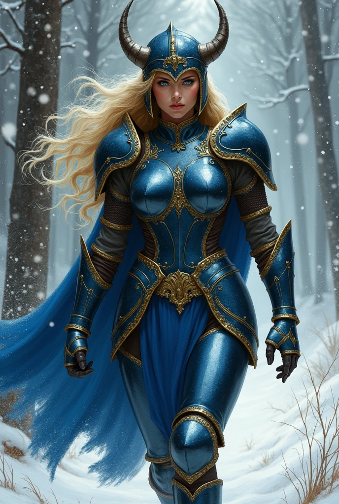 A beautifully detailed painting in the style of classic fantasy artists such as Frank Frazetta, Julie Bell, Boris Vallejo, and Brom. A blonde woman, (glowing blue eyes), she wears (shiny dark blue armor) with gold trim, reflective surface, intricate details,a winged Viking helmet covers her head,there is a deep v-neck exposing her cleavage. Stern expression, fists clenched by her sides. (detailed hands and fingers, gold gauntlet). show her walking through a snowy forest, slowly falling snow flakes. The image is highly detailed, with ultra-realistic textures, exaggerated poses, and vibrant colors, inspired by the classic fantasy painting style of the 20th century.