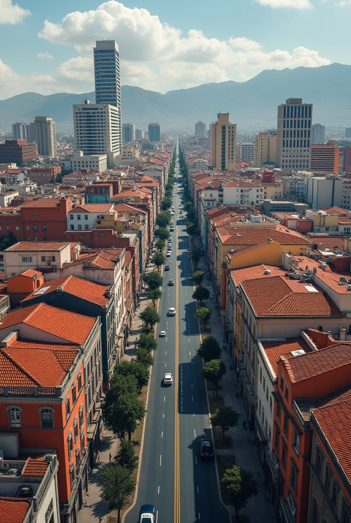 You have tall buildings about 52 meters high separated, with a different design each one of them on an avenue in the city of Arequipa. Have an aerial view