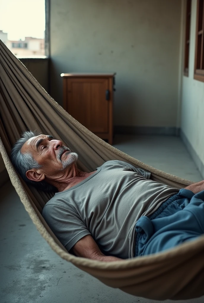 A sick, thin, elderly Turkish man in a gray shirt and blue sweatpants, little gray hair with big nose Lying in a brown hammock with a frizer Horizontal from behind on a balcony and cement floor