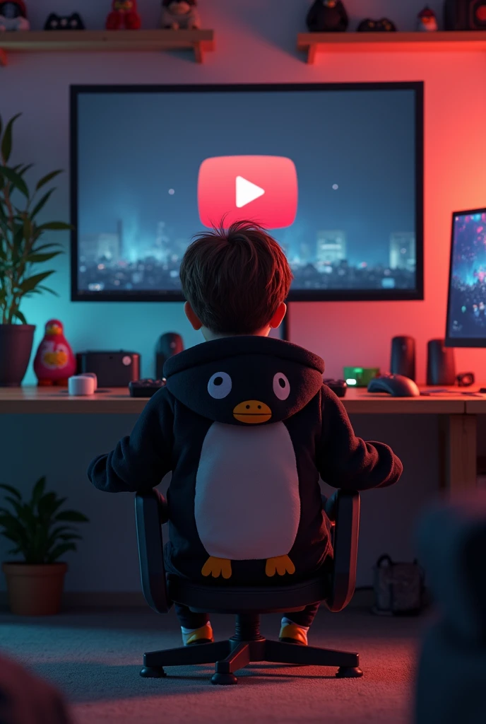 human boy in black penguin pajamas and with a screen with the YouTube logo and in a gamer room sitting on a chair and with a penguin hood brown hai
