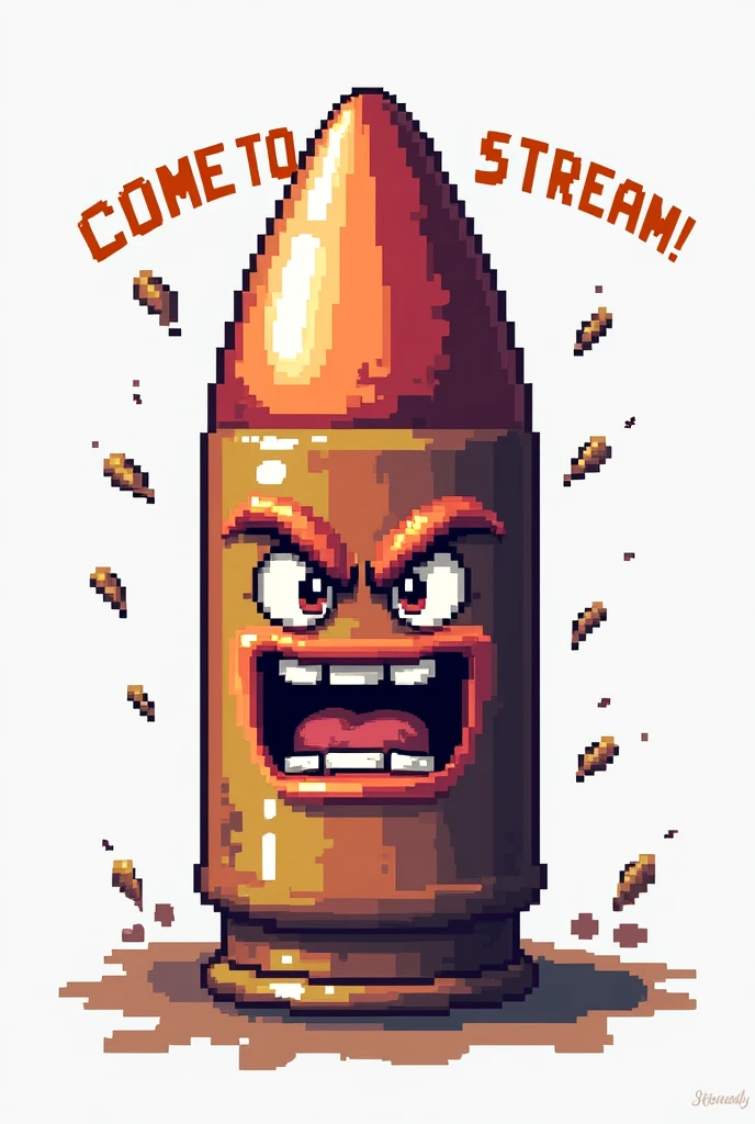 Make me a picture of a 32-bit bullet literally shouting COME TO THE STREAM with a transparent background, The bullet must be pixel art style with a face expressing a LOT of anger