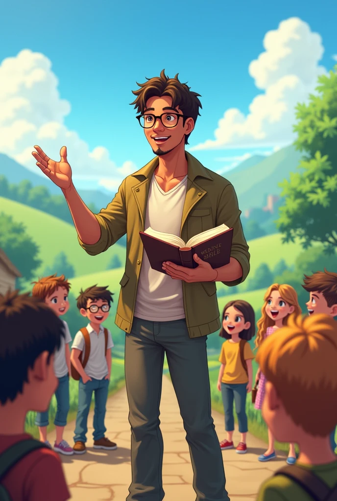 a young man with brown skin, good looking, with glasses, anime style, dressed youthfully, teacher of children and young people, Presenting with his left hand pointing upwards and with an open Bible in his right hand, Surrounded by happy boys and girls who want to learn, with a country background and reflecting a beautiful day