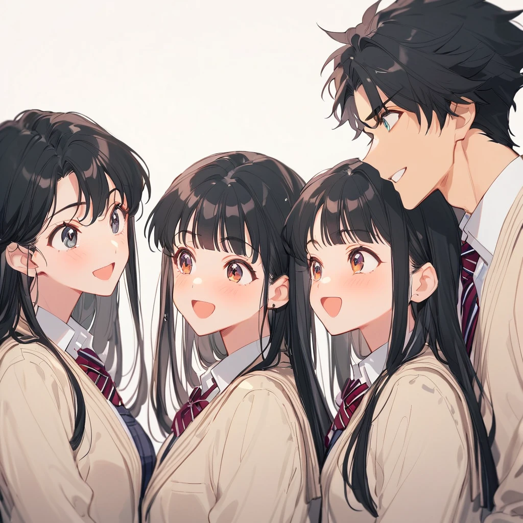 (Men and women), Black Hair, ((high school student, school uniform)), Look at each other, Laugh