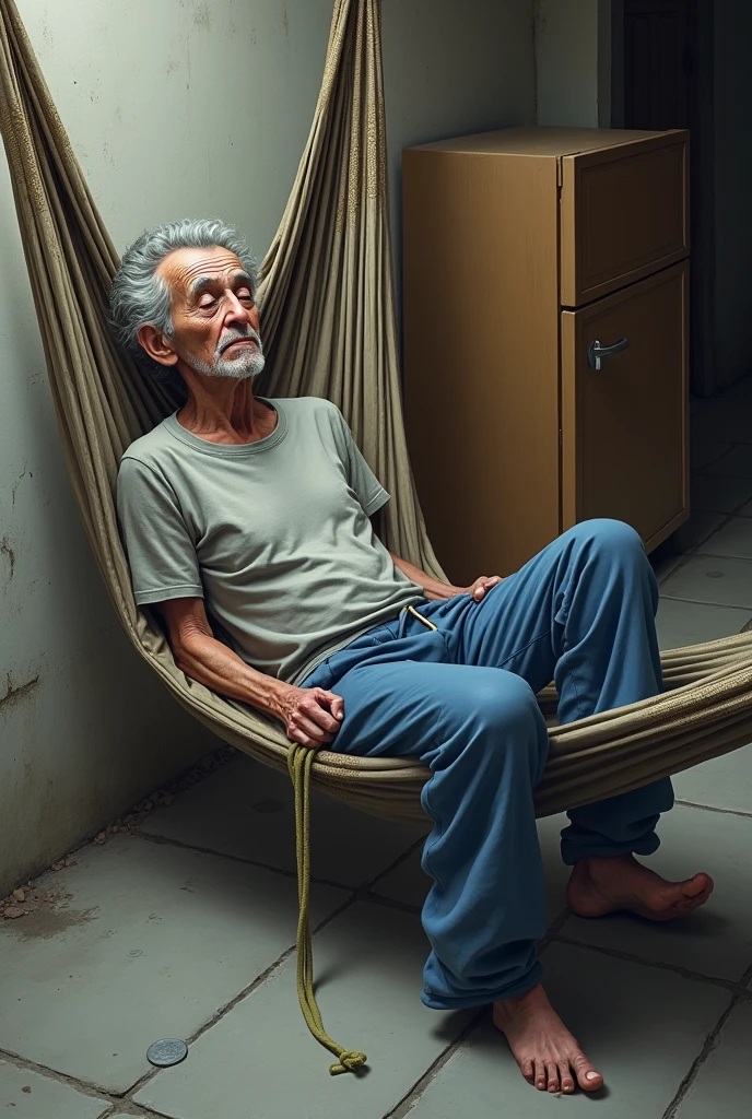 A sick, thin, elderly Turkish man in a gray shirt and blue sweatpants, little gray hair with big nose Lying in a brown hammock with a frizer Horizontal from behind on a balcony and cement floor