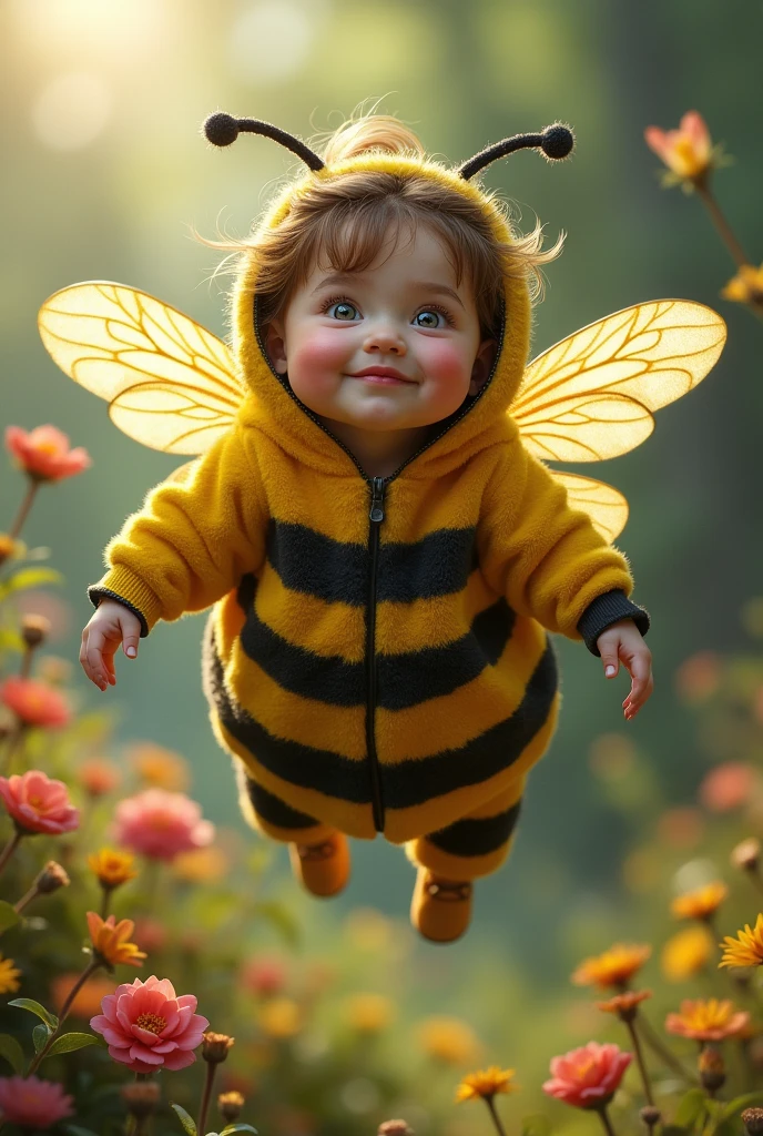 30-year-old woman with dwarfism dressed as a bee (make it fly (Give it the facial features of a person with dwarfism.)(that comes out in full body)