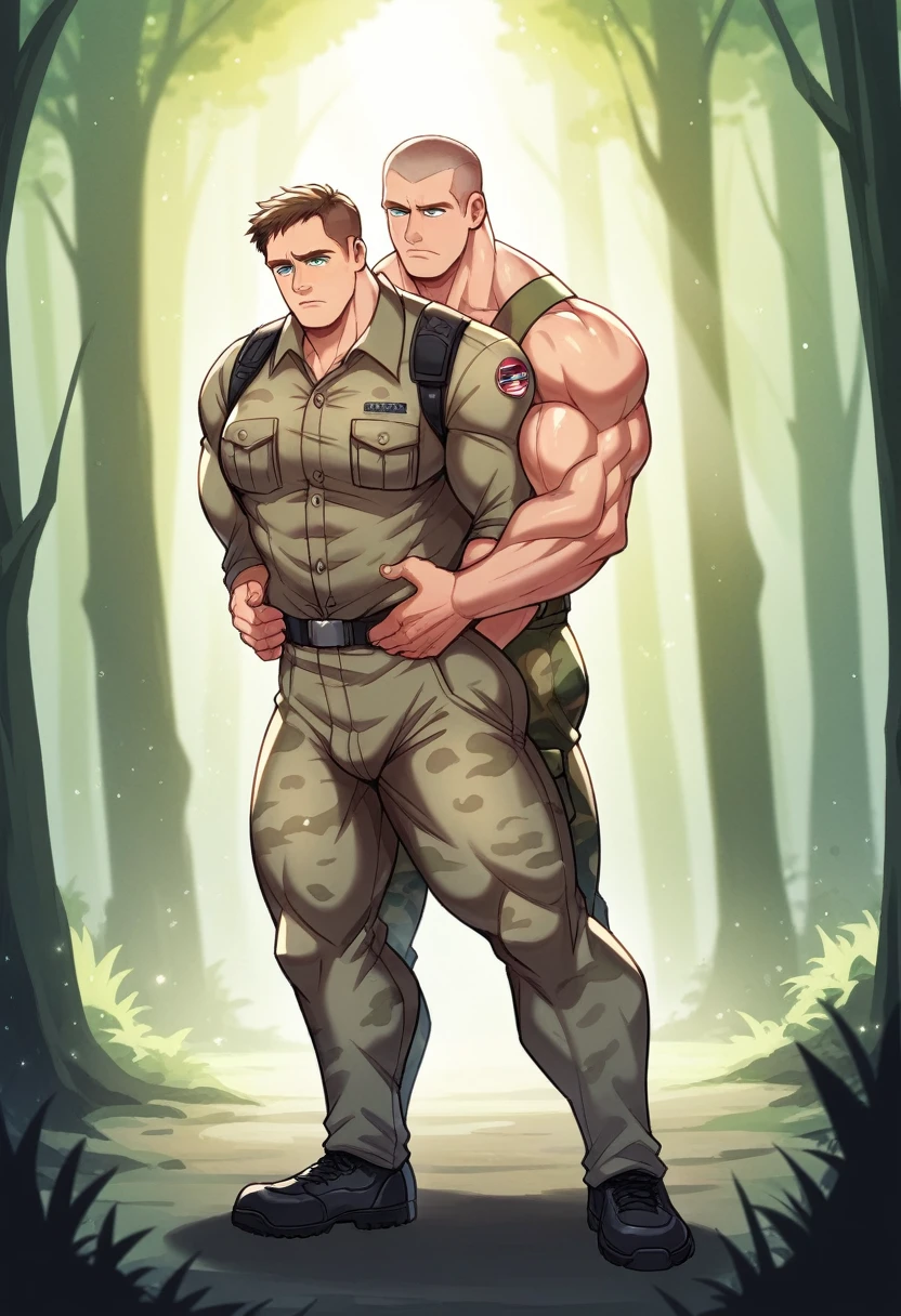 A long, giant, رجل muscular بفمه مفتوح ويصرخ.，khaki camouflage uniform，Character design（Resident Evil - Chris Redfield，Chris Redfield）buzz cut，He is not wearing clothes.，Frozen grain texture，regular symmetrical weave pattern，Standing in a dark reed forest, The body is wrapped in thick rattan.，sad expression，Deep and charming eyes，Male hero with emerald pupils，heroic male position，long القامة وStrong，muscular！Magic leg muscles，long, Strong, And strong， wearing a khaki camouflage suit， Super cool gains， High resolution committee， big feet in black shoes，Strong charming man，Bright sun rays shine on the body，The texture of the frozen particles is shiny.
