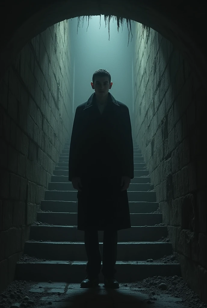Raskolnikov in a stairwell with a gloomy atmosphere