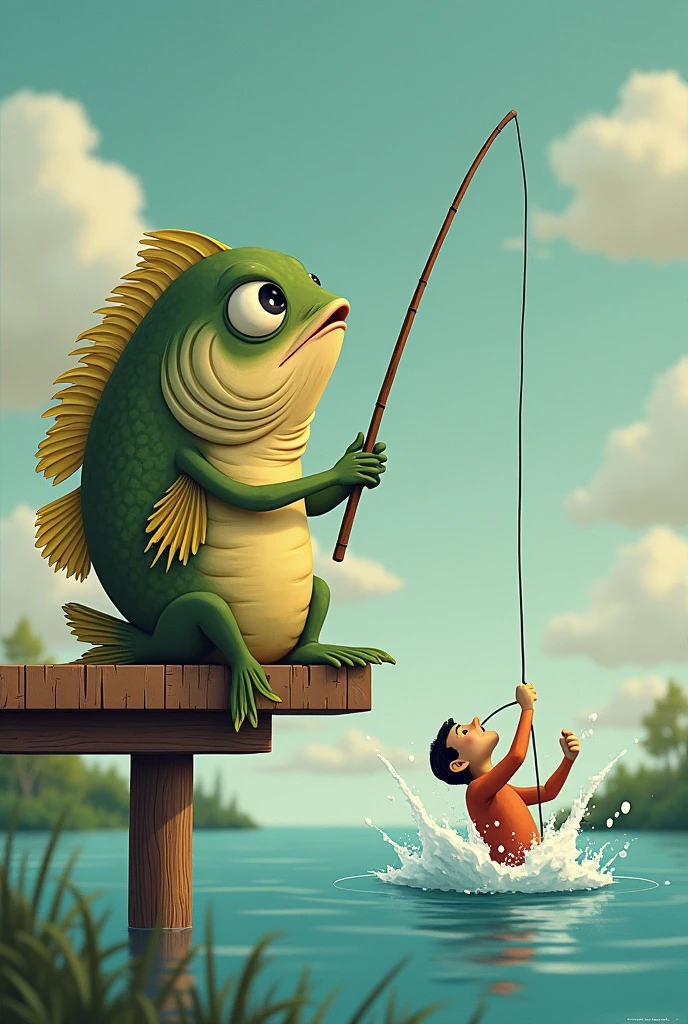 Fish sitting on pier and using fishing rod to catch tiny 30s man in the lake, the man get caught and whole body coming up from lake, splashing, the man’s mouth attach to fishing string, the man tilt head back