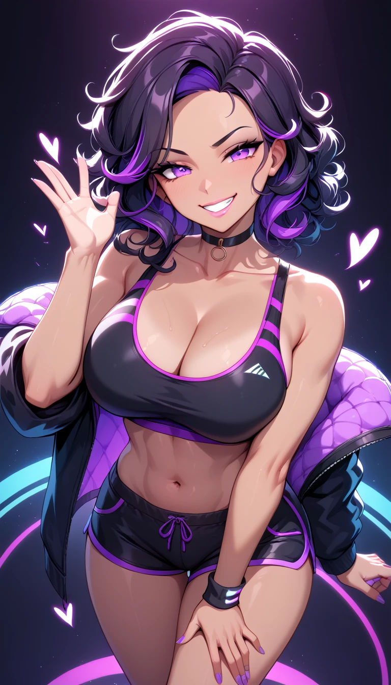 1 Girl, Large Breasts, Raven Black Hair, Neon Purple Highlights In Hair, Curly Hair Style, Shoulder Length Hair, Neon Purple Eyes, Light Tanned Skin, Smooth Skin, Soft Features, Nice Lips, Smirking, Cute Face, Think Thighs, Black Sports Bra, Black Booty Shorts, Sexy, Tease, Lewd, Cleavage, Lewd Pose