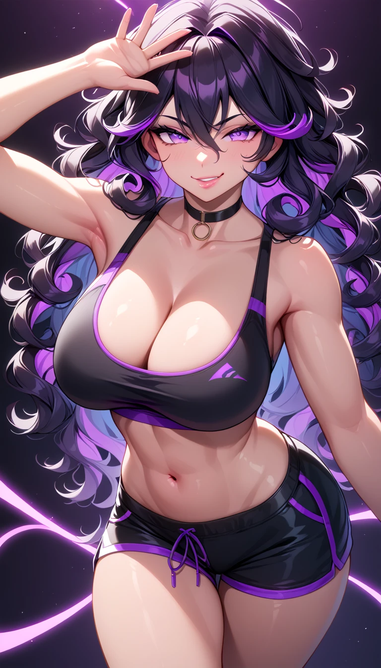 1 Girl, Large Breasts, Raven Black Hair, Neon Purple Highlights In Hair, Curly Hair Style, Shoulder Length Hair, Neon Purple Eyes, Light Tanned Skin, Smooth Skin, Soft Features, Nice Lips, Smirking, Cute Face, Think Thighs, Black Sports Bra, Black Booty Shorts, Sexy, Tease, Lewd, Cleavage, Lewd Pose