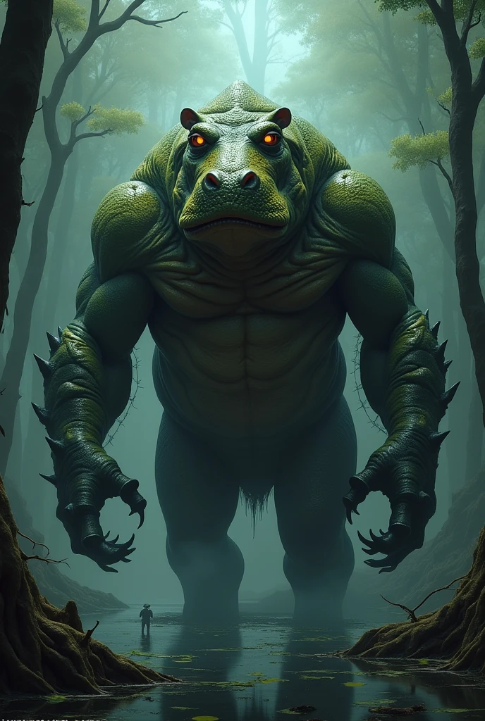 "Design a hippopotamus and frog fusion with glowing eyes and intertwined scales and fur, exuding raw, terrifying power."