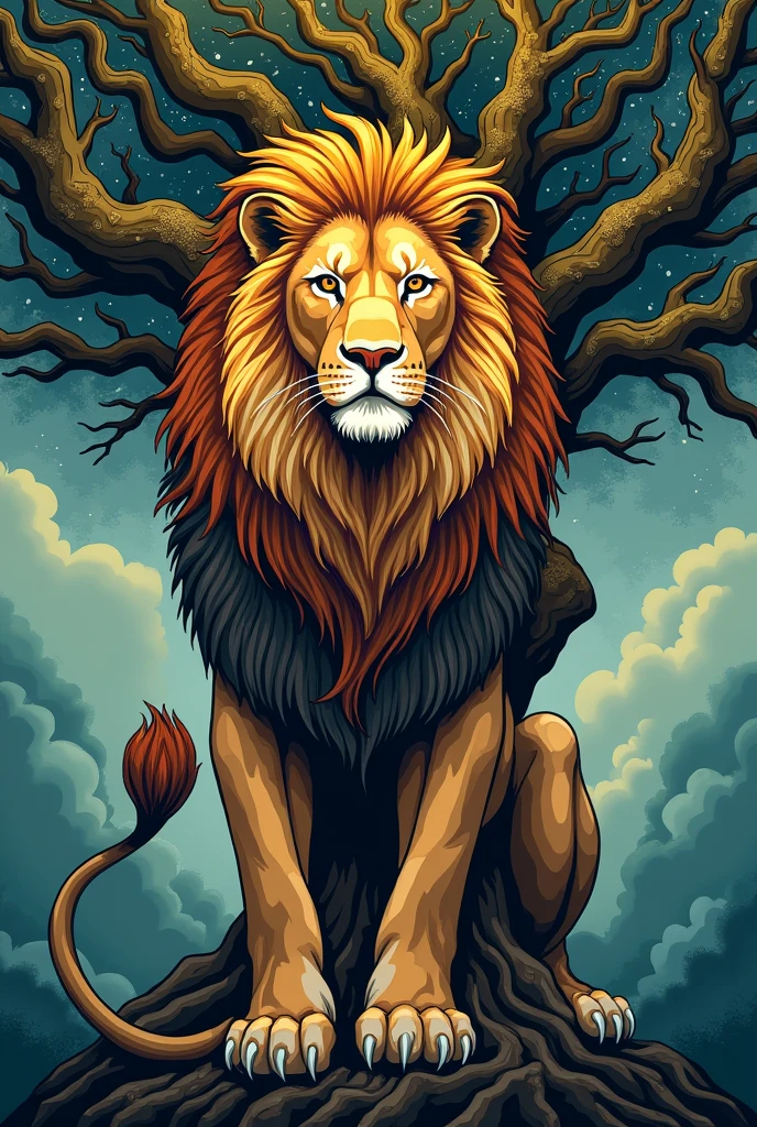 A vector of a lion with the life tree

