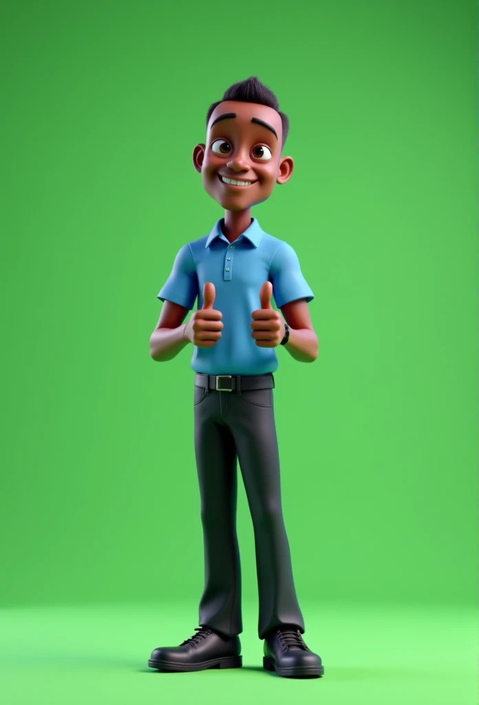 Cartoon character of a slender 60 year old man full body defined contours dark skin black hair clipped, blue shirt, black pants black shoes, an animated character, stylized character, animation style rendering, 3d stylized, Arnold Maya rendering, Stylized 3D rendering, toon render screenshot, 3d character, 3d character, Stylized 3D rendering, 3D character rendering, cartoon character, character posing, (Pixar-style) (master part:1.2) (bokeh) (best qualityer) (skin detailed) (detailed texture) (8k) (Argilla) (cinematic lighting) (sharp focus，standing full body making a thumbs up sign with both hands green background without shadow chroma kay type