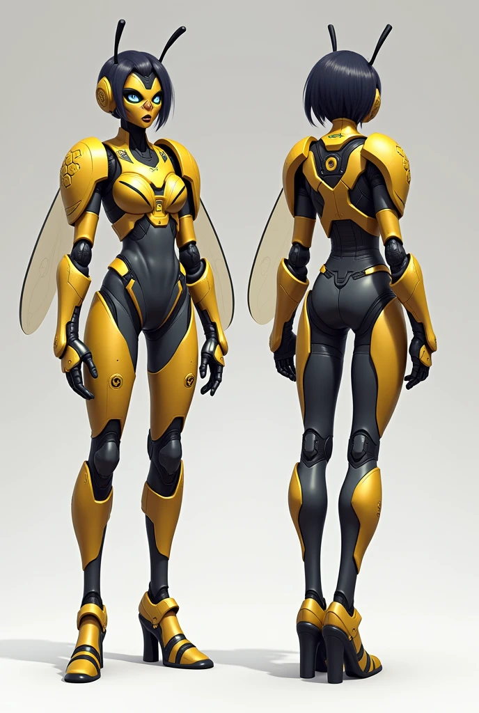 stylized style, Overwatch style female character concept, full body back and front view, robot detailed face with round eyes, bee theme, body covered with armor