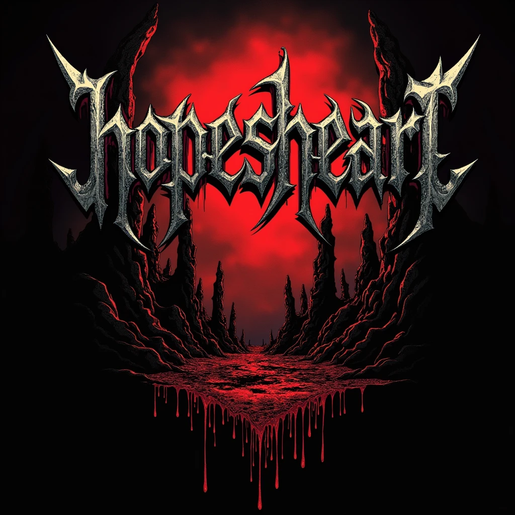 A Deathcore Metalcore band logo with the text “HopesHeart” at the top center. With The text “Broken Chromosomes” at the bottom center. Creepy, scary, bloody, demonic theme