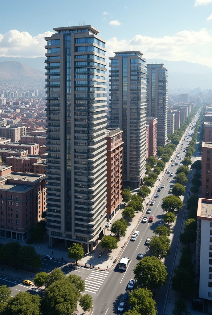 You have tall buildings about 53 meters high separated, with a different design each one of them on an avenue in the city of Arequipa. Have an aerial view