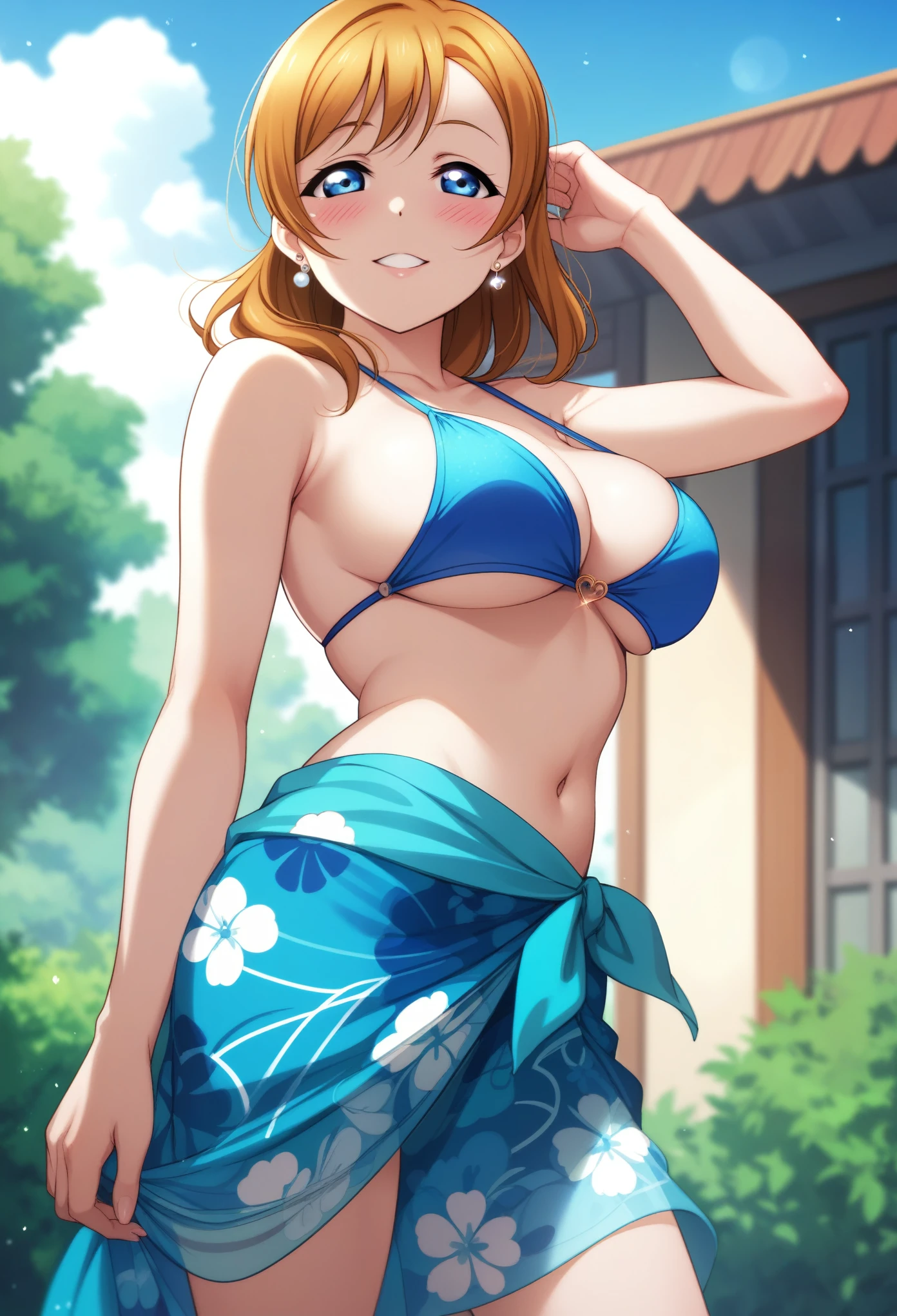 (Masterpiece, Best Quality, High Quality), anime style, love live,kousaka honoka love live, blue eyes, sexy bikini, big breasts,8k wallpaper, looking at viewer, earrings, outdoors, erotic figure, half closed eyes , magic body ,sarong,(blushing:1.2), from side and below , period pads , standing 