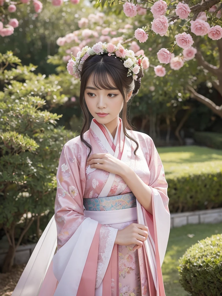 A woman in her 50s wearing a pink dress and a flower crown on her head, Color photos inspired by the Run In, CG society hot topic, realism, Hanfu, palace , a girl in Hanfu, ancient Chinese Princess, Beautiful Fantasy Empress, Ancient Chinese Art Styles, Princess of an ancient Asian dynasty, Empress of China, white Hanfu, Chinese Princess,Looking down,