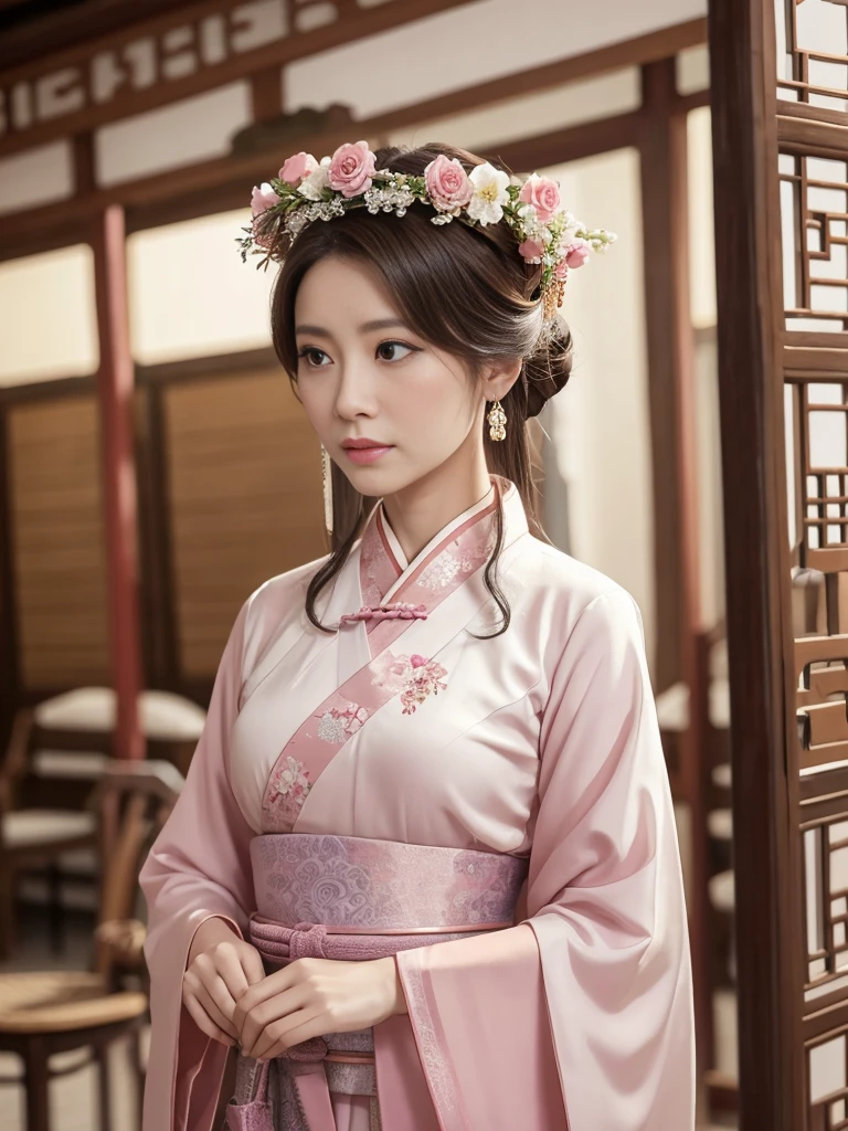 A woman in her 50s wearing a pink dress and a flower crown on her head, Color photos inspired by the Run In, CG society hot topic, realism, Hanfu, palace , a girl in Hanfu, ancient Chinese Princess, Beautiful Fantasy Empress, Ancient Chinese Art Styles, Princess of an ancient Asian dynasty, Empress of China, white Hanfu, Chinese Princess,Looking down,