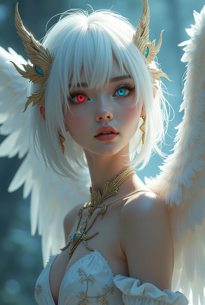 Create a full-body image of an angelic woman with short white hair, and eyes that are red and blue. She is wearing a short dress with embroidery, has three pairs of wings, and is adorned with eleven swords. Her ears are made of iron.