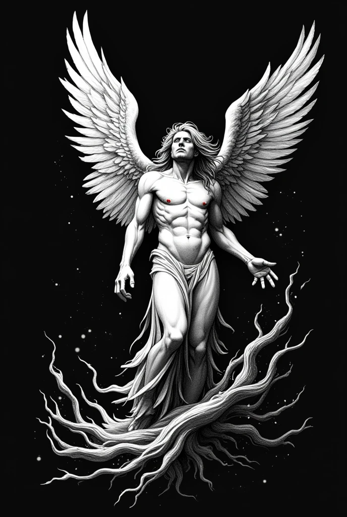 shirt print in vector, only in white color and black background, elements that tell the story of Lucifer's fall to heaven, fallen angel, vector, lines like sketch, sketch style lines, old book illustration style