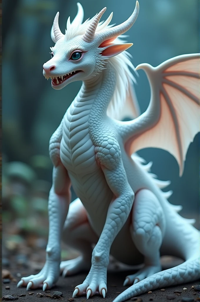 Female Dragon Hybrid with little horns, a Long Tail, Wings, Sharp fangs, Claw like Hands and White scales Covering her body, White Hair and blue eyes