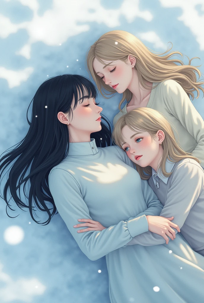 1 woman with straight black hair and two blondes lying in the snow
