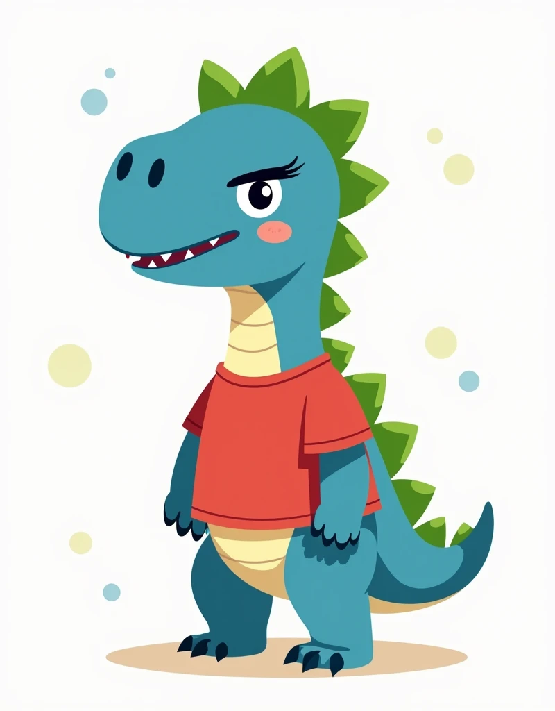 An illustration for children of a dinosaur, with the appearance of an , Very angry face, Very angry, no eyelashes, with red shirt, trouserless, blue skin, green dinosaur crests on the head and tail, cute cartoon smile, full body, with an appearance of tenderness, White background