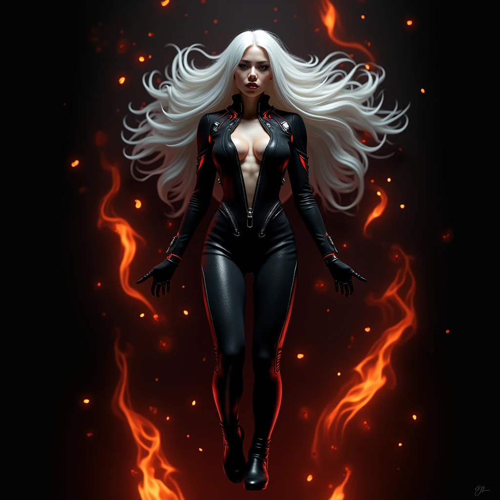 A woman with long white hair,wearing a sexy futuristic outfit with regards to cyber black with red,I want her to hover lying down as if she were unconscious and the background black with flames