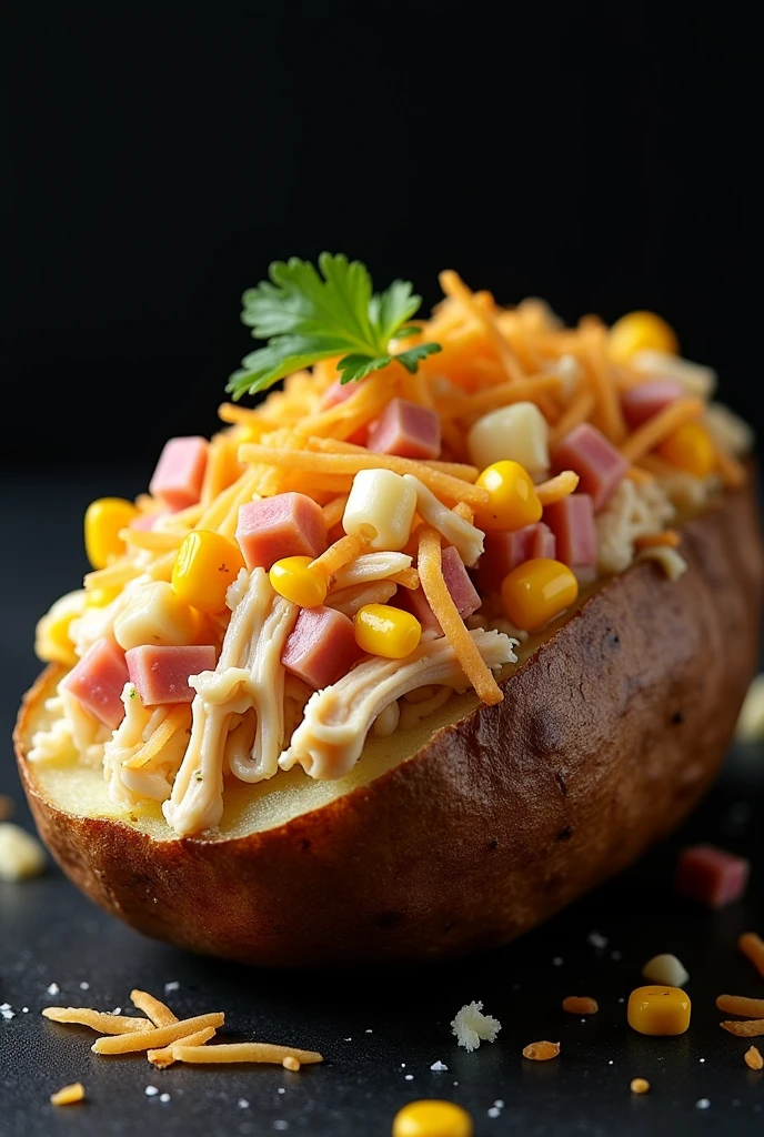 A high-quality, professional image on a black background featuring a halved baked big potato stuffed with shredded chicken, sweetcorn, diced ham and cream cheese on the edges. The potato is finished with a golden, buttery layer of crispy straw potatoes running the length of the potato. The lighting is perfect to highlight the succulence of the dish, creating a 'food porn' effect that triggers a strong desire to taste and creates something in the mouth."