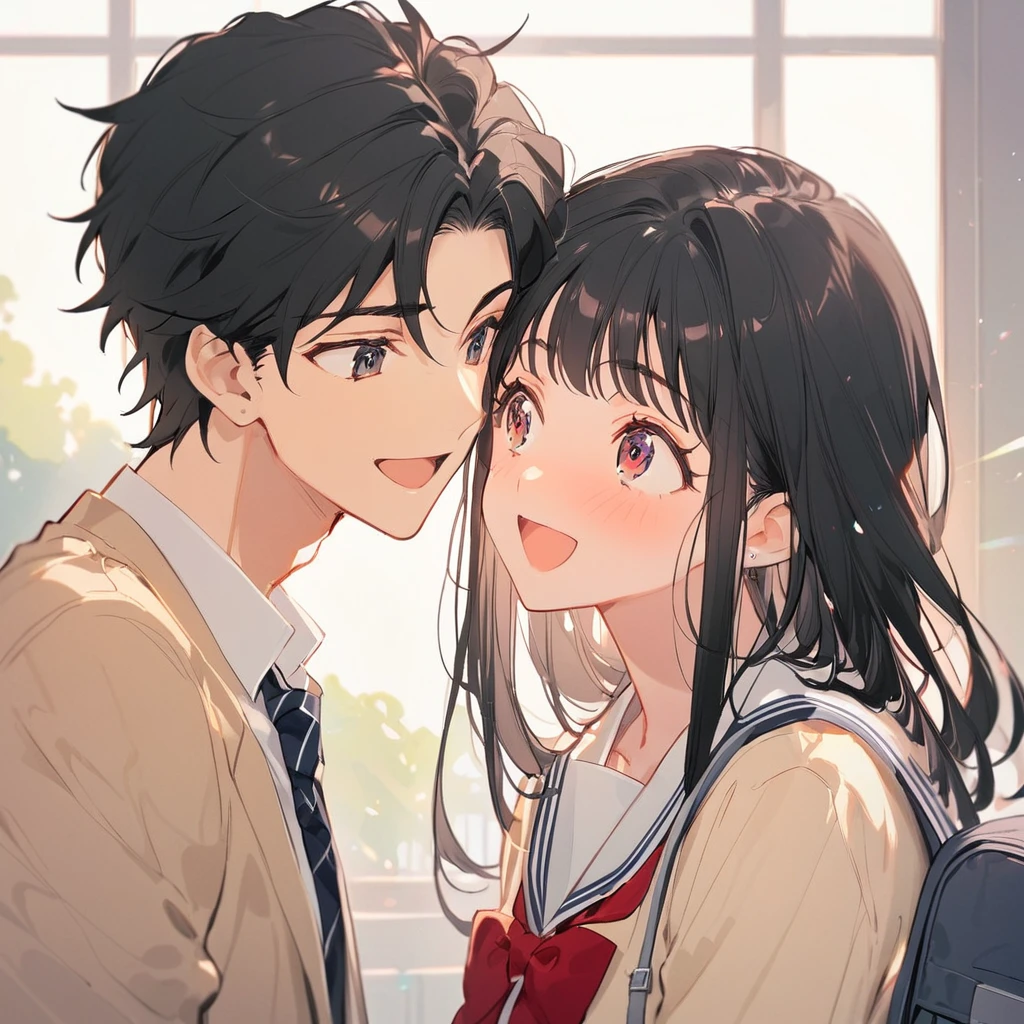 (Men and women), Black Hair, ((high school student, school uniform)), Look at each other, Laugh
