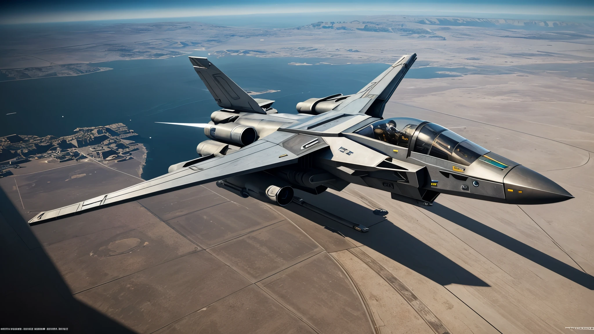 scifi, hightech spacefighter, stealth look, realistic size, realistic proportions, realistic cockpit, 2 wings, small gear, high equipted guns, star citizen, starfield, hightech, hard-surface design, daylight, ambient light, realistic view, on the ground, wide angle,