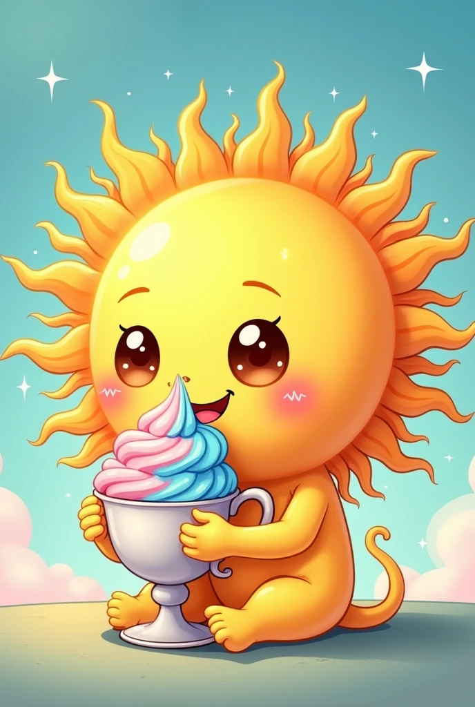 a sun eating ice cream in the shape of a tea
