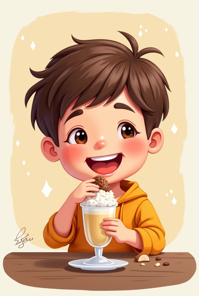 a boy smiling while drinking a sweet drink or eating a dessert, highlighting their satisfaction. cartoon drawing