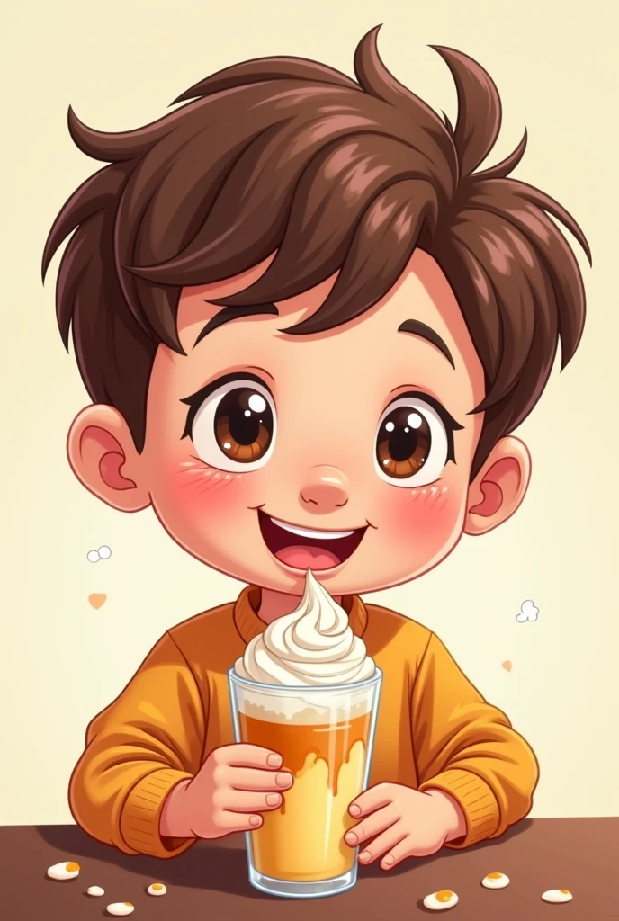 a boy smiling while drinking a sweet drink or eating a dessert, highlighting their satisfaction. cartoon drawing