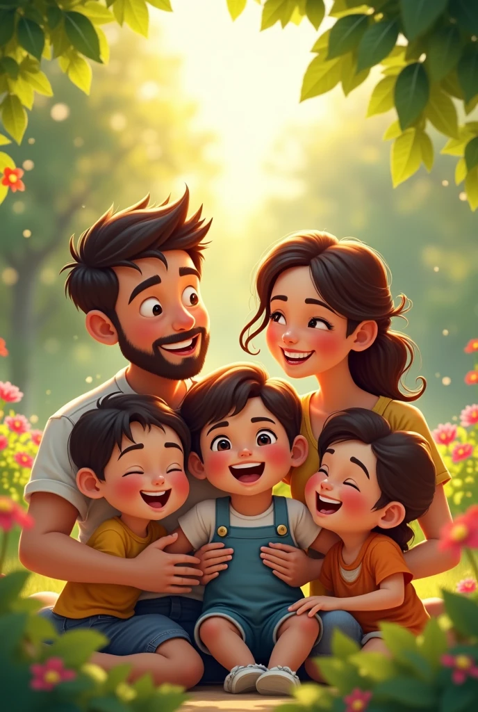 Family of 4 laughing in the garden 