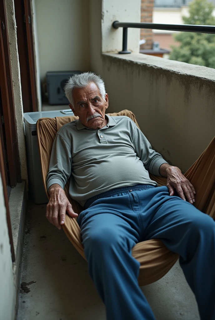 A sick thin elderly Turkish man in a gray shirt and blue sweatpants and black dress shoes
, little gray hair with big nose Lying in a brown hammock with a frizer Horizontal from behind on a balcony and cement floor