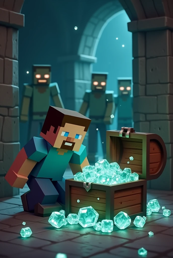Steve finding diamonds in a chest and zombies in the background
