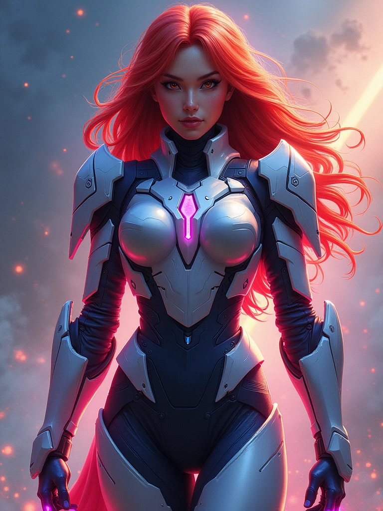 A 16K resolution splash art image of a Vietnamese StarCraft heroine with a fiery red hair and indigo highlights. She has striking eyes and full lips, reflecting her determination. The heroine is wearing Rococo-inspired armor adorned with energy blades and futuristic technology. She is standing proudly in the StarCraft universe, with a neon-like glow emanating from behind her. The background showcases the intricate patterns on her armor and the flowing hair, masterfully captured with a blend of heavy oil painting strokes and delicate watercolor details.