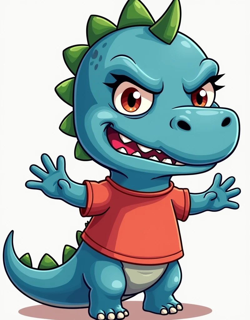 An illustration for children of a dinosaur, with the appearance of an , Very angry face, Very angry, no eyelashes, with red shirt, trouserless, blue skin, green dinosaur crests on the head and tail, cute cartoon smile, full body, with an appearance of tenderness, White background