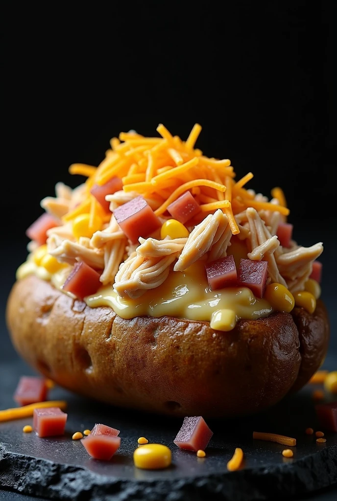 A high-quality, professional image on a black background featuring a halved baked big potato stuffed with shredded chicken, sweetcorn, diced ham and cream cheese on the edges. The potato is finished with a golden, buttery layer of crispy straw potatoes running the length of the potato. The lighting is perfect to highlight the succulence of the dish, creating a 'food porn' effect that triggers a strong desire to taste and creates something in the mouth."