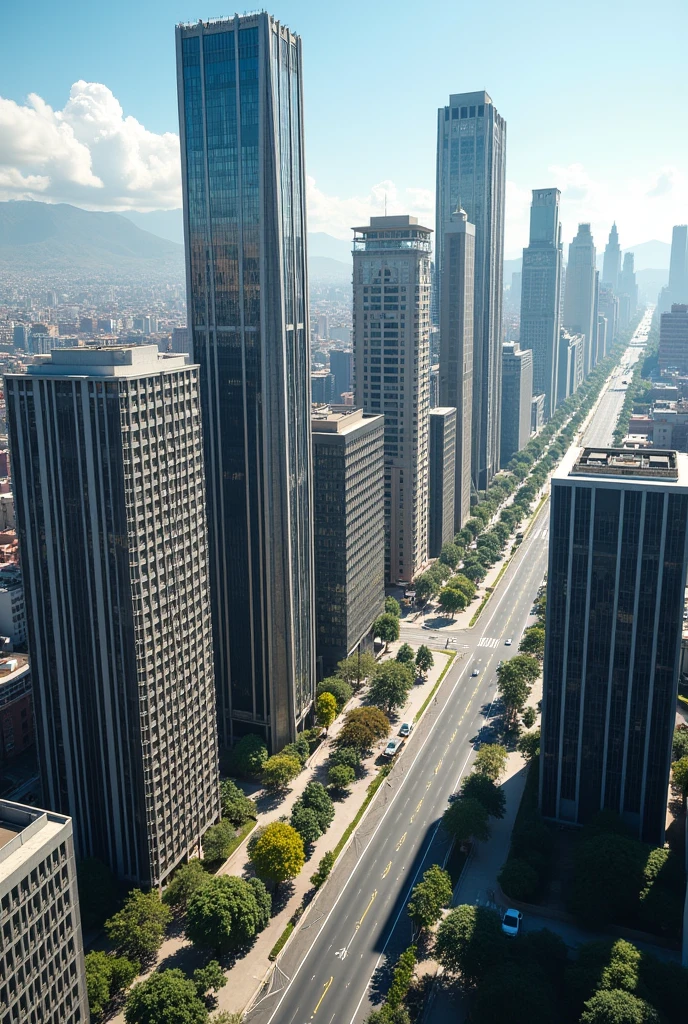 You have tall buildings about 53 meters high separated, with a different design each one of them on an avenue in the city of Arequipa. Have an aerial view