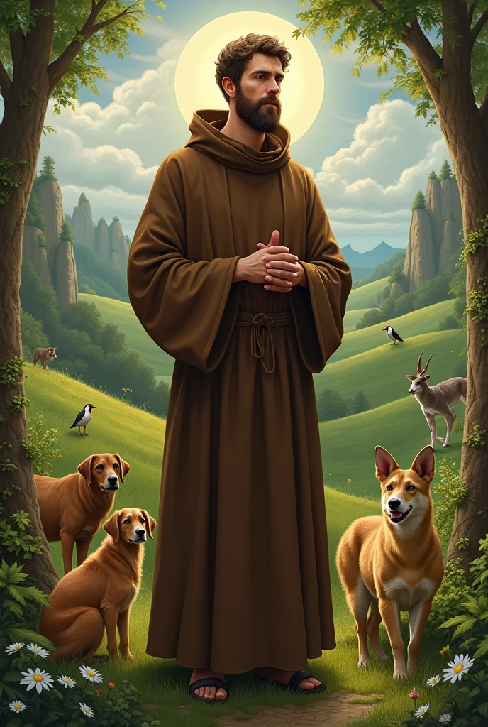 "Create an image of Saint Francis of Assisi in a natural setting, surrounded by animals. He should be wearing his traditional brown Franciscan habit, with a serene and welcoming expression. In the background, include a landscape of green fields and trees, with some birds and animals around him, reflecting his connection with nature and simplicity."